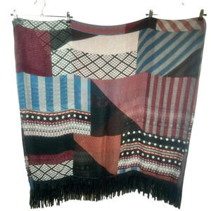 Patchwork Pattern Scarf Wrap Red White Blue Black Fringe Hem Sheer Stripe Tribal